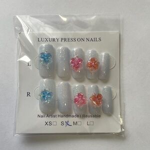 Press On Nails Hand Made and painted; Baby Blue with Flowers